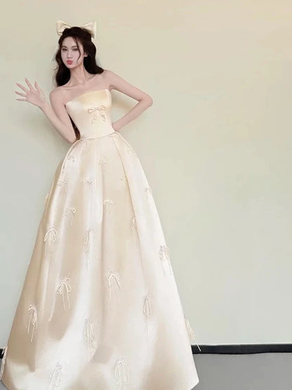 Princess Prom Dresses Ball Gowns Strapless WIth Bow-knot Evening Long Formal Dress N4263