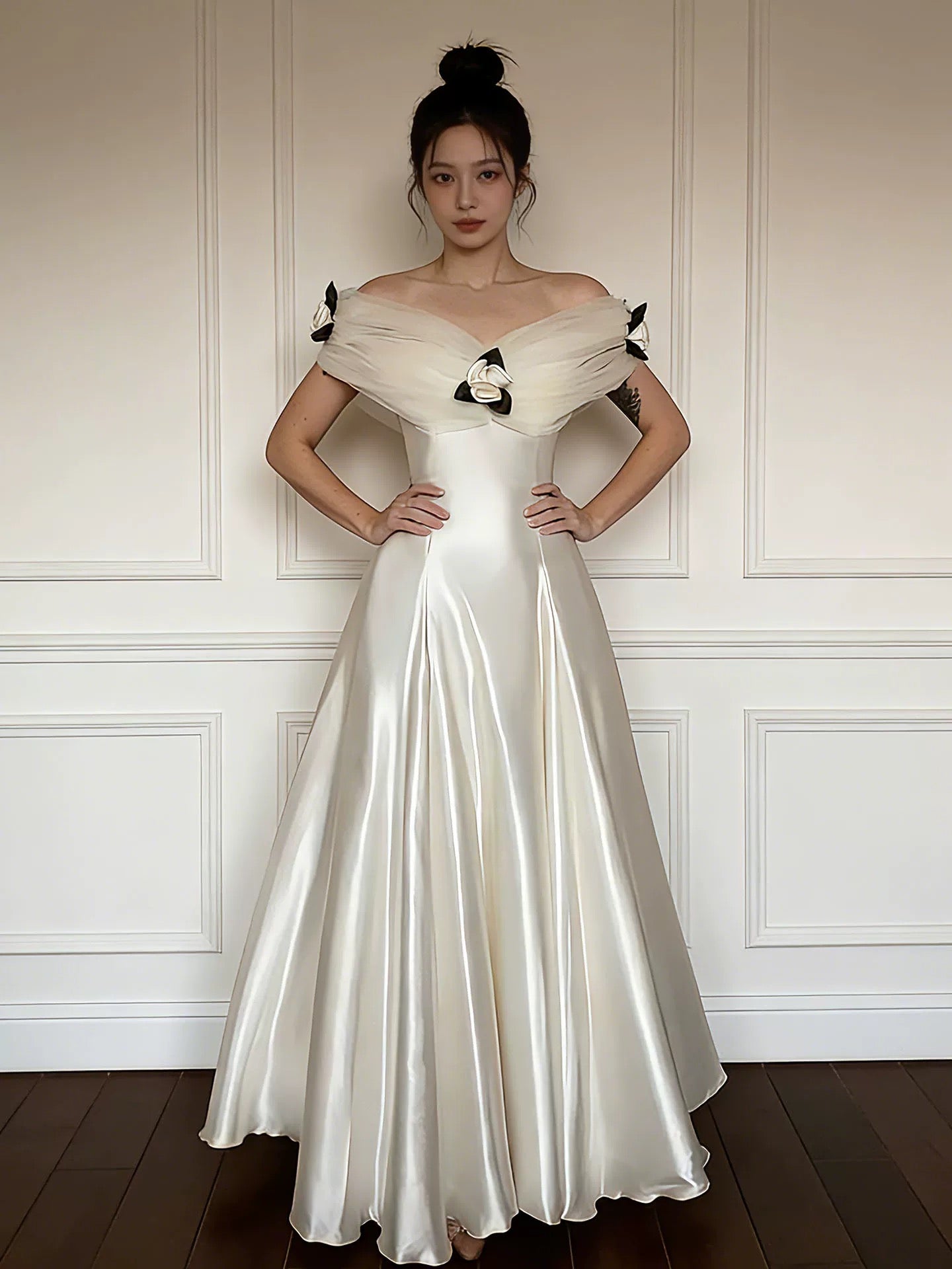 Romantic Wedding Dresses Off The Shoulder White Satin Summer Wedding Dress N4268