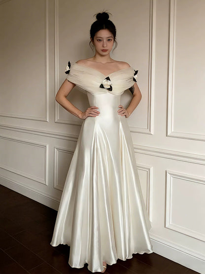 Romantic Wedding Dresses Off The Shoulder White Satin Summer Wedding Dress N4268