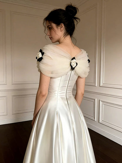 Romantic Wedding Dresses Off The Shoulder White Satin Summer Wedding Dress N4268