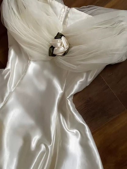 Romantic Wedding Dresses Off The Shoulder White Satin Summer Wedding Dress N4268