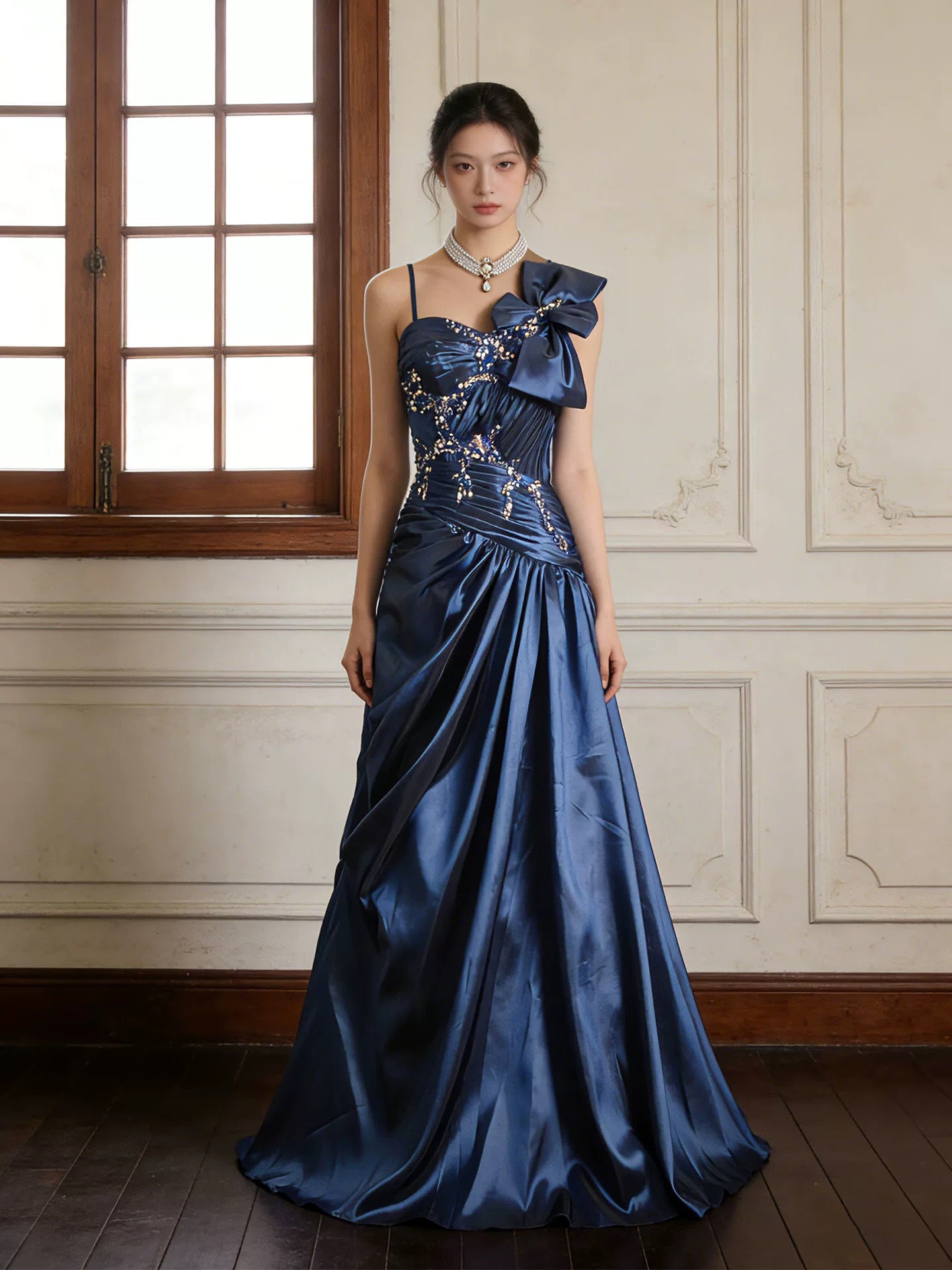 Vintage Prom Dresses 90s Formal A line One Shoulder Navy Blue Satin With Beadings Long Party Gowns N4271