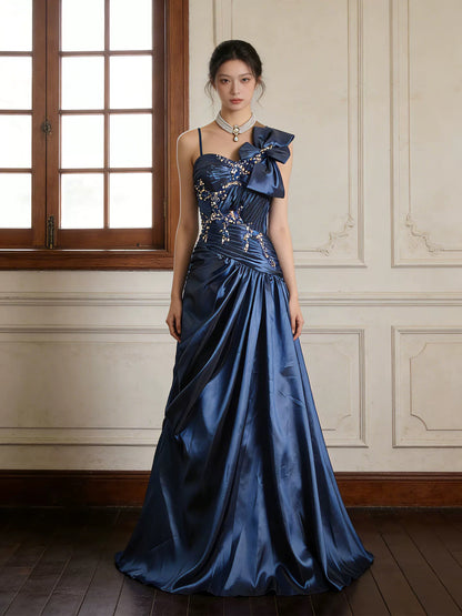 Vintage Prom Dresses 90s Formal A line One Shoulder Navy Blue Satin With Beadings Long Party Gowns N4271