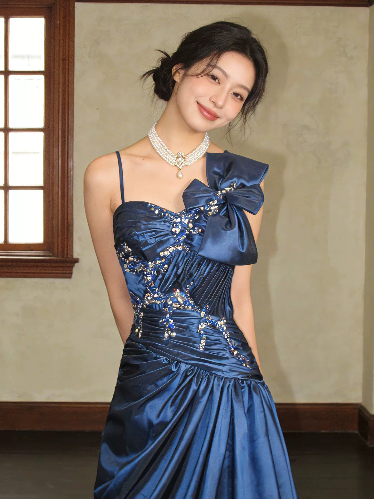 Vintage Prom Dresses 90s Formal A line One Shoulder Navy Blue Satin With Beadings Long Party Gowns N4271