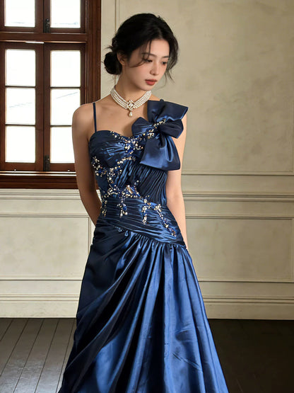Vintage Prom Dresses 90s Formal A line One Shoulder Navy Blue Satin With Beadings Long Party Gowns N4271