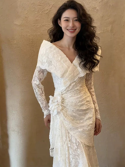 Robes de Mariée Romantiques Épaules Dénudées Dentelle Blanche Sirène Robe de Mariée d'Été N4272