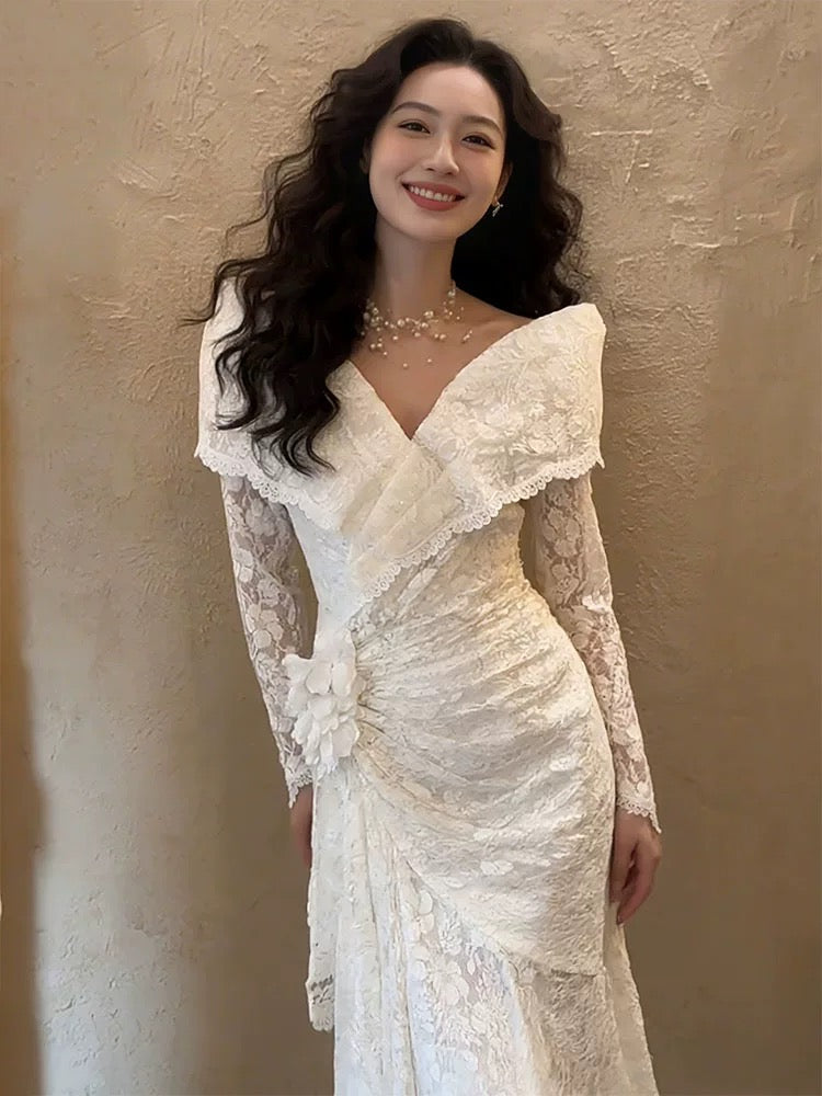 Robes de Mariée Romantiques Épaules Dénudées Dentelle Blanche Sirène Robe de Mariée d'Été N4272