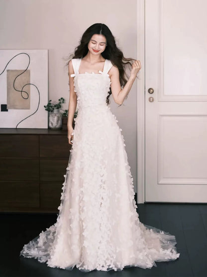 Romantische Hochzeitskleider Ballkleider Eckiger Ausschnitt Weiße Blumen Sommerhochzeitskleid N4273