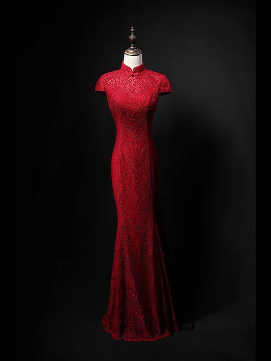 Atemberaubendes Meerjungfrau-Abendkleid mit hohem Halsausschnitt, kurzen Ärmeln, Spitze und langer Schleppe für Damen N4279