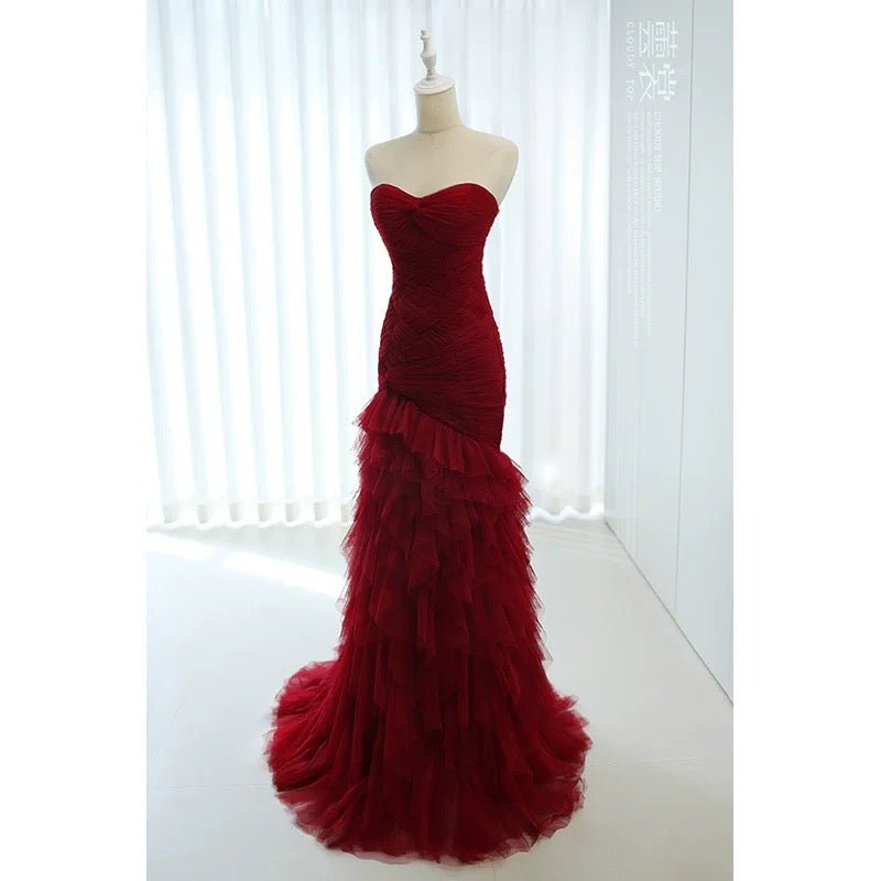 Cute Mermaid Sweetheart Burgundy Tulle 18th Birthday Elegant Outfit Formal Long Prom Dresses N4140