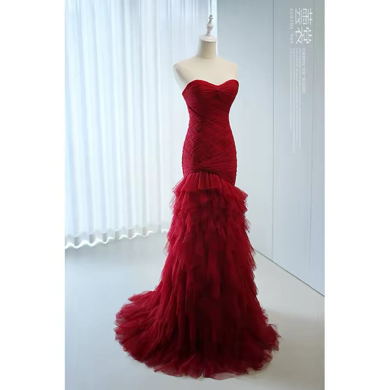 Cute Mermaid Sweetheart Burgundy Tulle 18th Birthday Elegant Outfit Formal Long Prom Dresses N4140