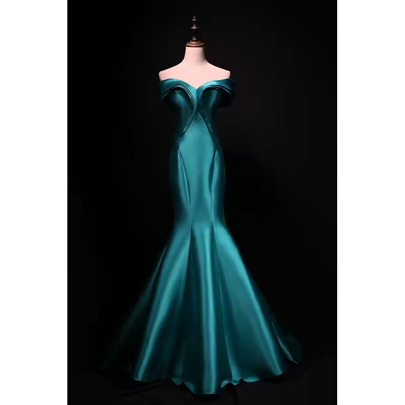 Modest Mermaid Off The Shoulder Blue Satin 18th Birthday Elegant Outfit Formal Long Prom Dresses N4141