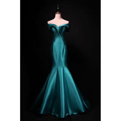 Modest Mermaid Off The Shoulder Blue Satin 18th Birthday Elegant Outfit Formal Long Prom Dresses N4141
