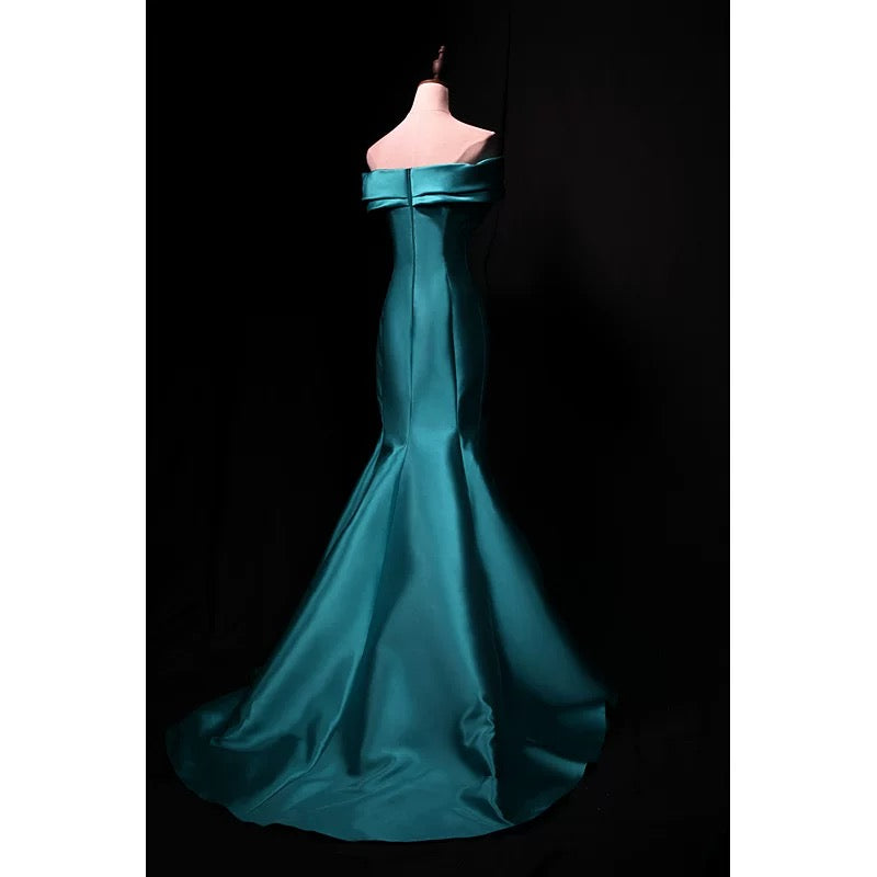 Modest Mermaid Off The Shoulder Blue Satin 18th Birthday Elegant Outfit Formal Long Prom Dresses N4141
