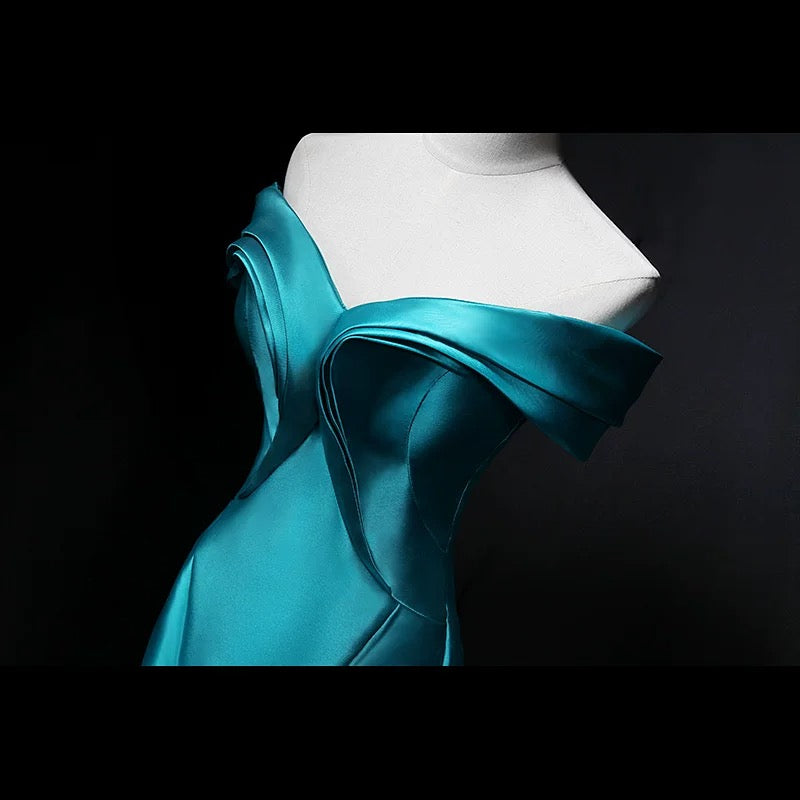Modest Mermaid Off The Shoulder Blue Satin 18th Birthday Elegant Outfit Formal Long Prom Dresses N4141
