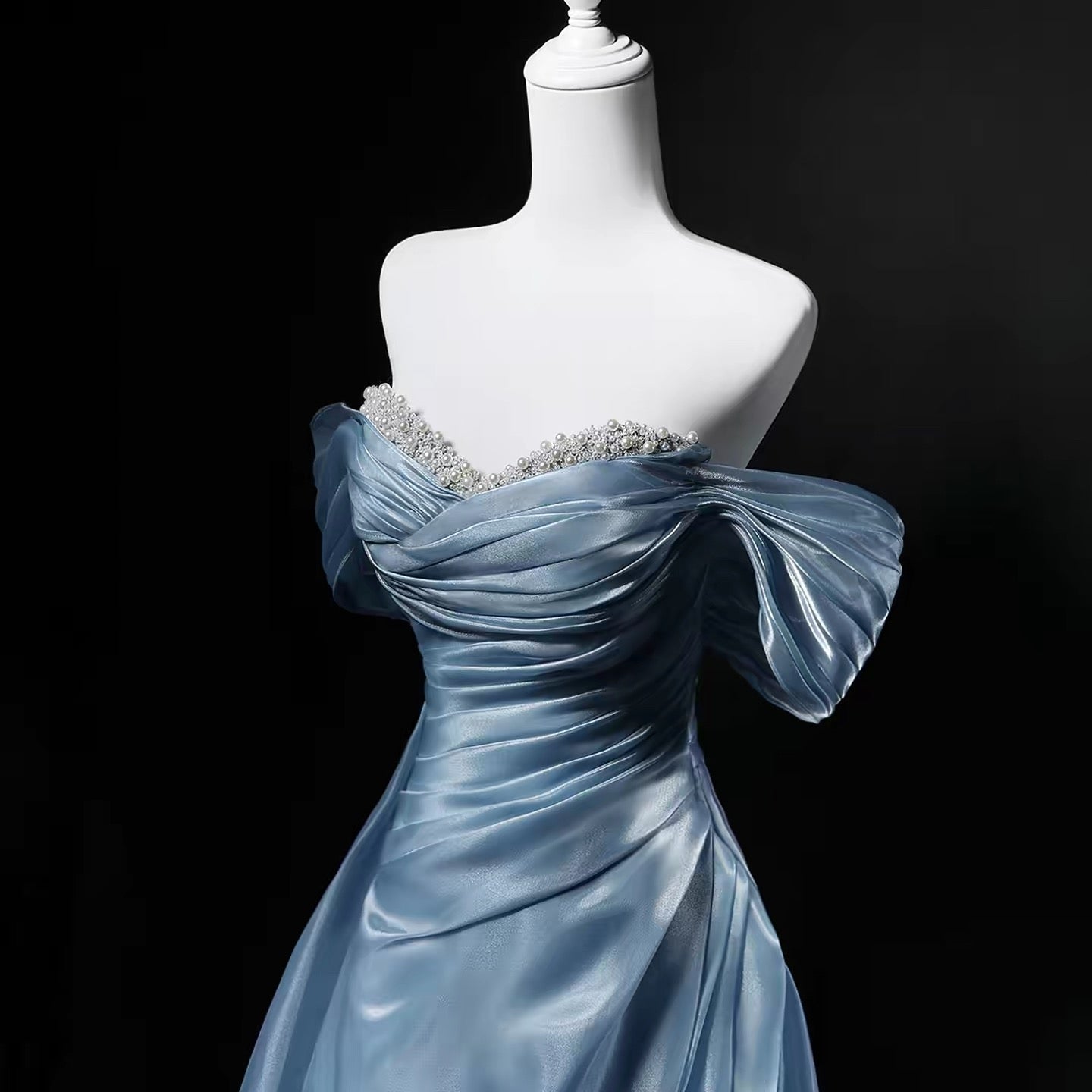 Bescheidene Ballkleider schulterfrei blau kurze Ärmel Geburtstag elegantes Outfit formelle lange Ballkleider N4142
