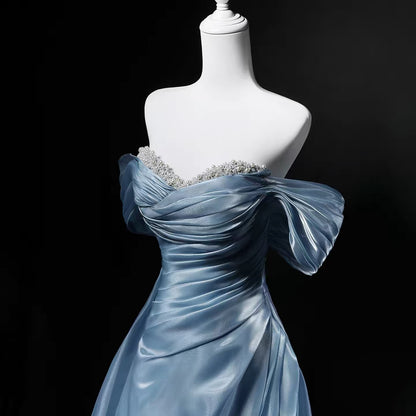 Bescheidene Ballkleider schulterfrei blau kurze Ärmel Geburtstag elegantes Outfit formelle lange Ballkleider N4142