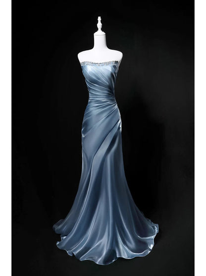 Bescheidene Meerjungfrau Trägerloses Blaues Ärmelloses Geburtstag Elegantes Outfit Formale Lange Ballkleider N4143