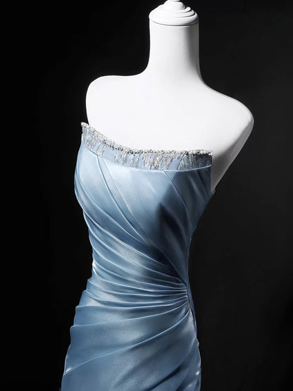 Bescheidene Meerjungfrau Trägerloses Blaues Ärmelloses Geburtstag Elegantes Outfit Formale Lange Ballkleider N4143