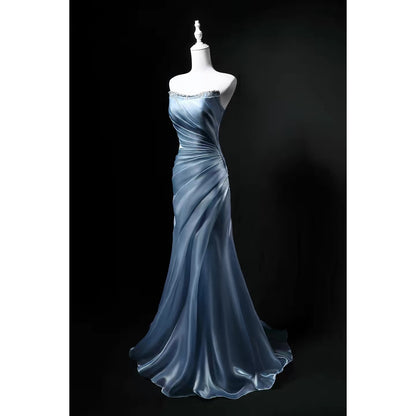 Bescheidene Meerjungfrau Trägerloses Blaues Ärmelloses Geburtstag Elegantes Outfit Formale Lange Ballkleider N4143