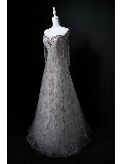 Robe de soirée bustier longue pailletée grise pour anniversaire, avec perles élégantes, tenue de bal de promo formelle N4145