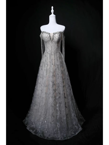 Robe de soirée bustier longue pailletée grise pour anniversaire, avec perles élégantes, tenue de bal de promo formelle N4145