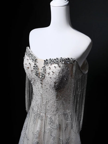 Robe de soirée bustier longue pailletée grise pour anniversaire, avec perles élégantes, tenue de bal de promo formelle N4145