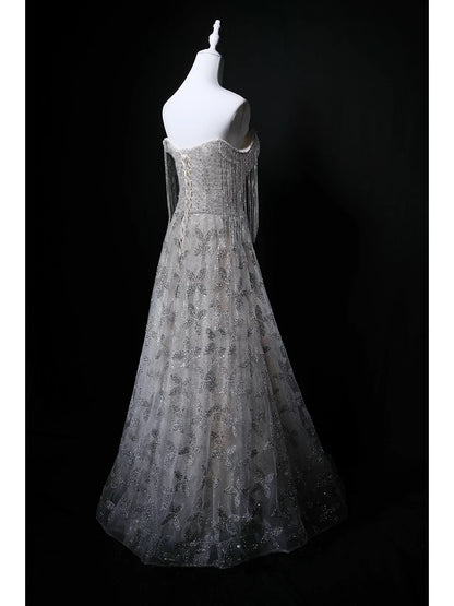 Robe de soirée bustier longue pailletée grise pour anniversaire, avec perles élégantes, tenue de bal de promo formelle N4145