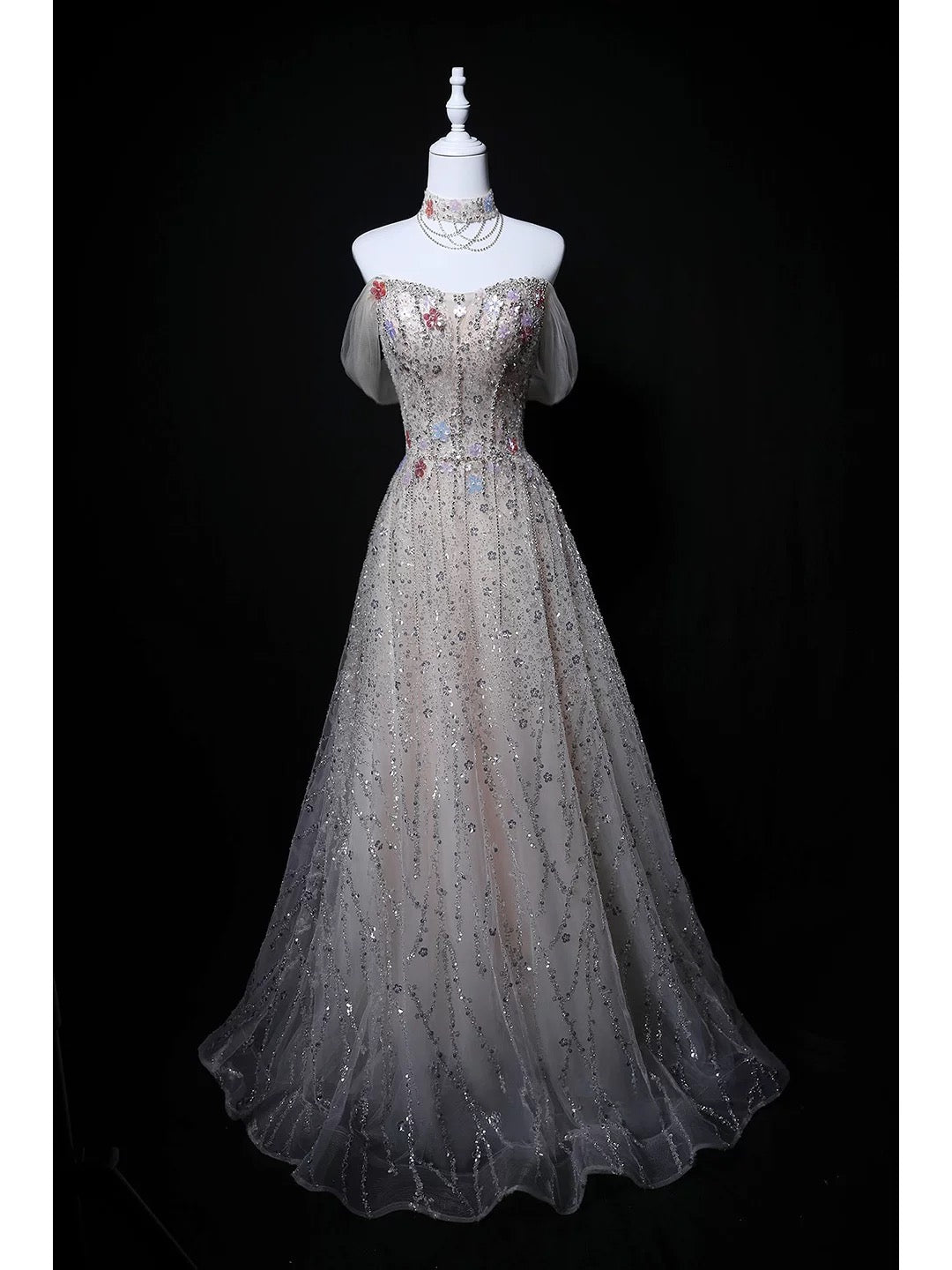 Sparkly Ball Gown Off The Shoulder Sequin Gray Birthday With Beaded Elegant Outfit Formal Prom Dresses N4146