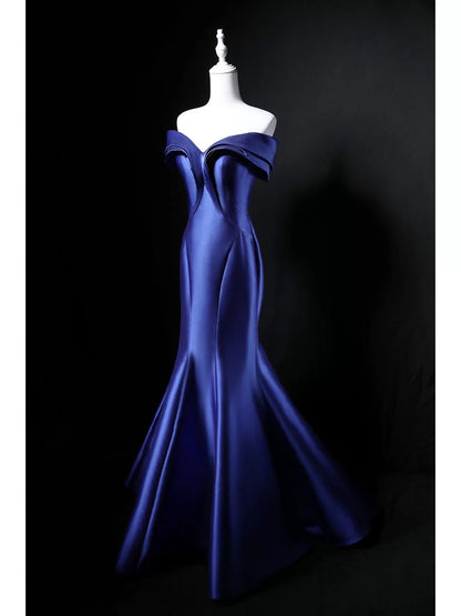 Modeste Sirène Épaules Dénudées Satin Bleu Roi 18ème Anniversaire Tenue Élégante Robes de Bal Longues Formelles N4147