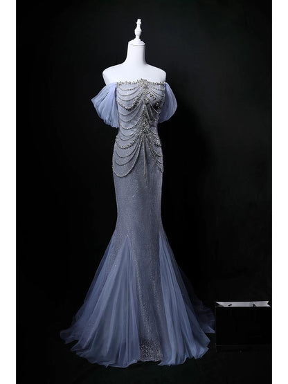 Sparkly Mermaid Off The Shoulder Sequin Blue Birthday With Beaded Elegant Outfit Formal Prom Dresses N4148