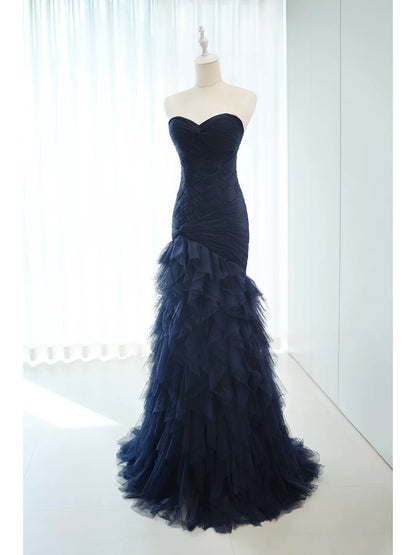 Élégante robe de bal longue sirène en tulle bleu marine pour le 18e anniversaire, tenue de soirée élégante N4149