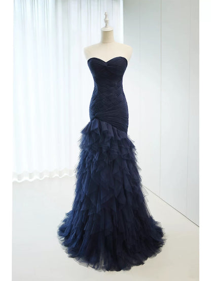 Élégante robe de bal longue sirène en tulle bleu marine pour le 18e anniversaire, tenue de soirée élégante N4149