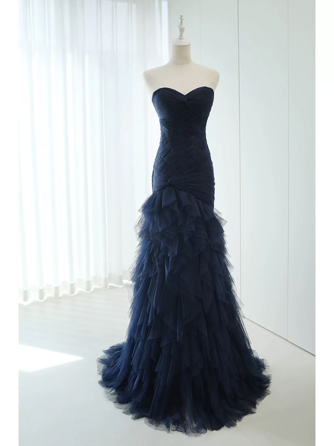 Élégante robe de bal longue sirène en tulle bleu marine pour le 18e anniversaire, tenue de soirée élégante N4149