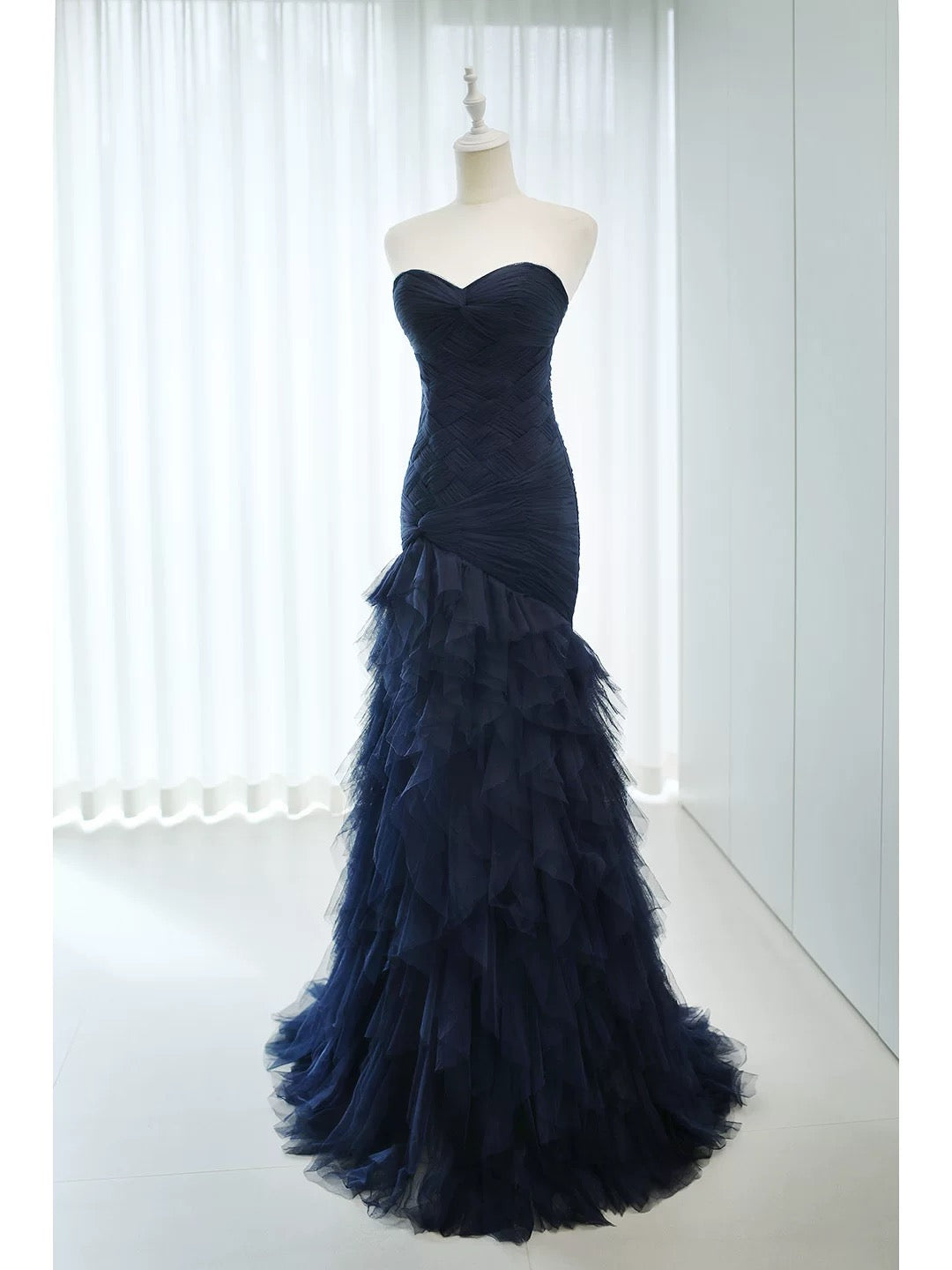 Élégante robe de bal longue sirène en tulle bleu marine pour le 18e anniversaire, tenue de soirée élégante N4149
