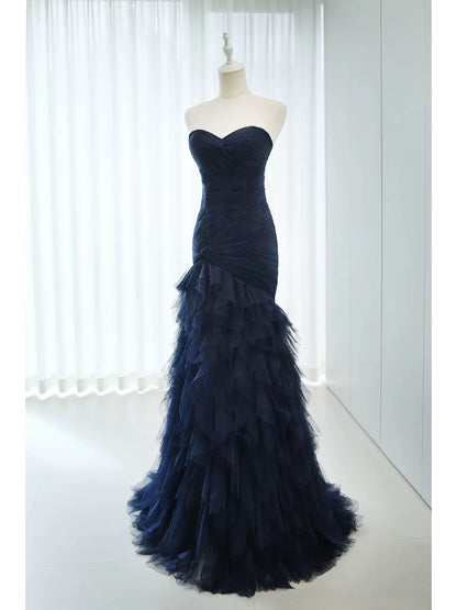 Élégante robe de bal longue sirène en tulle bleu marine pour le 18e anniversaire, tenue de soirée élégante N4149