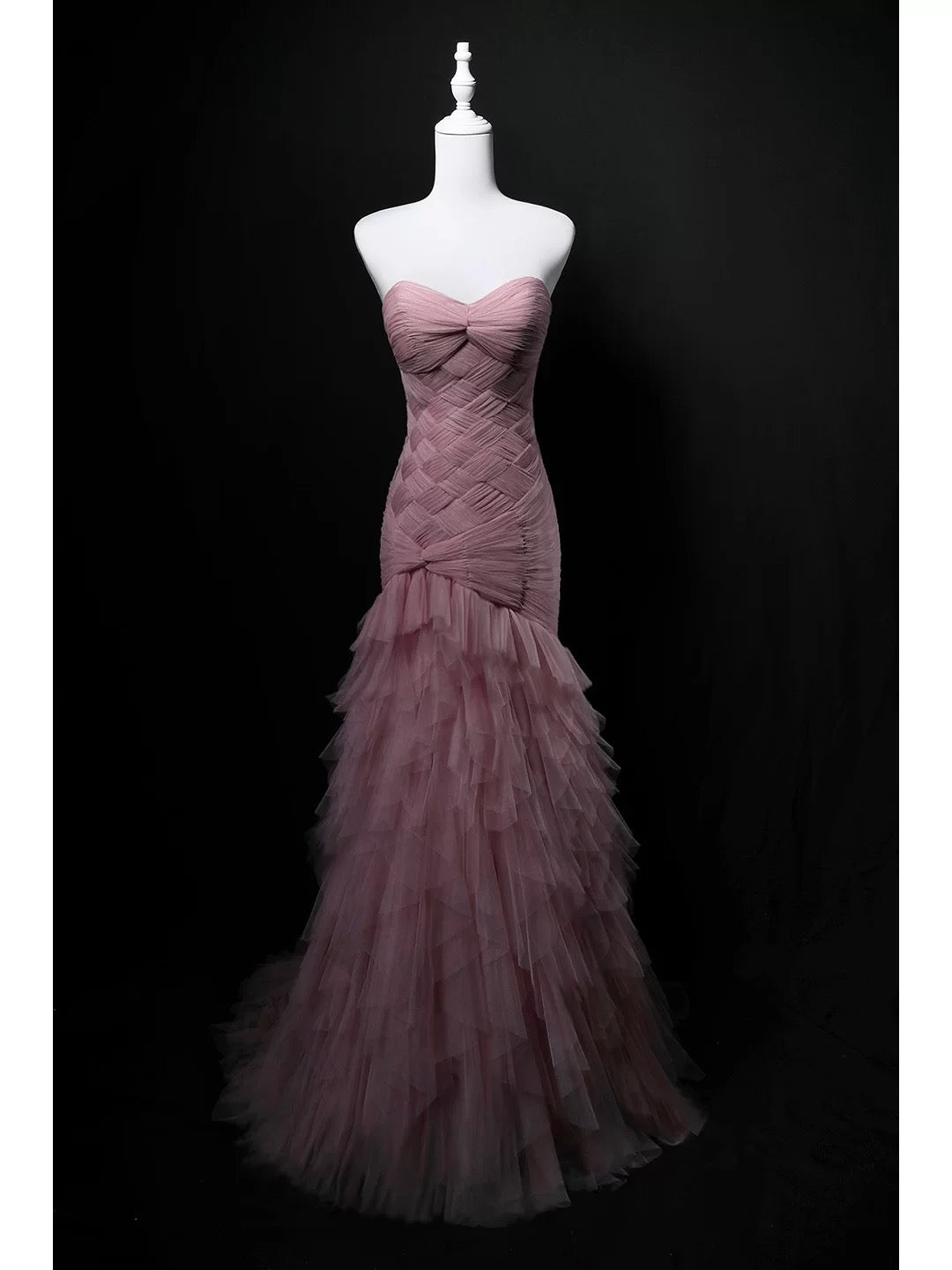 Elegant Mermaid Sweetheart Pink Pleated Tulle 18th Birthday Elegant Outfit Formal Long Prom Dresses N4153