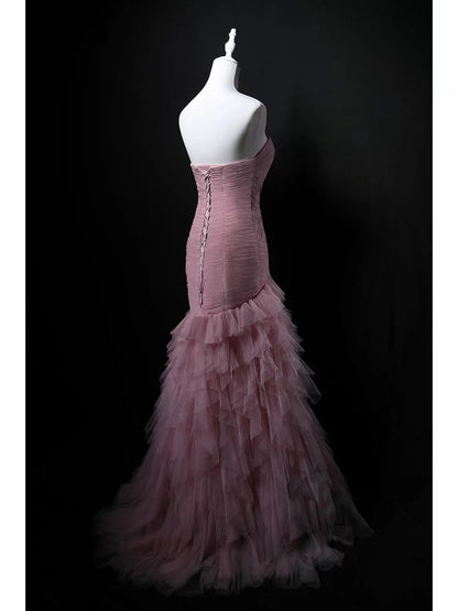 Elegant Mermaid Sweetheart Pink Pleated Tulle 18th Birthday Elegant Outfit Formal Long Prom Dresses N4153