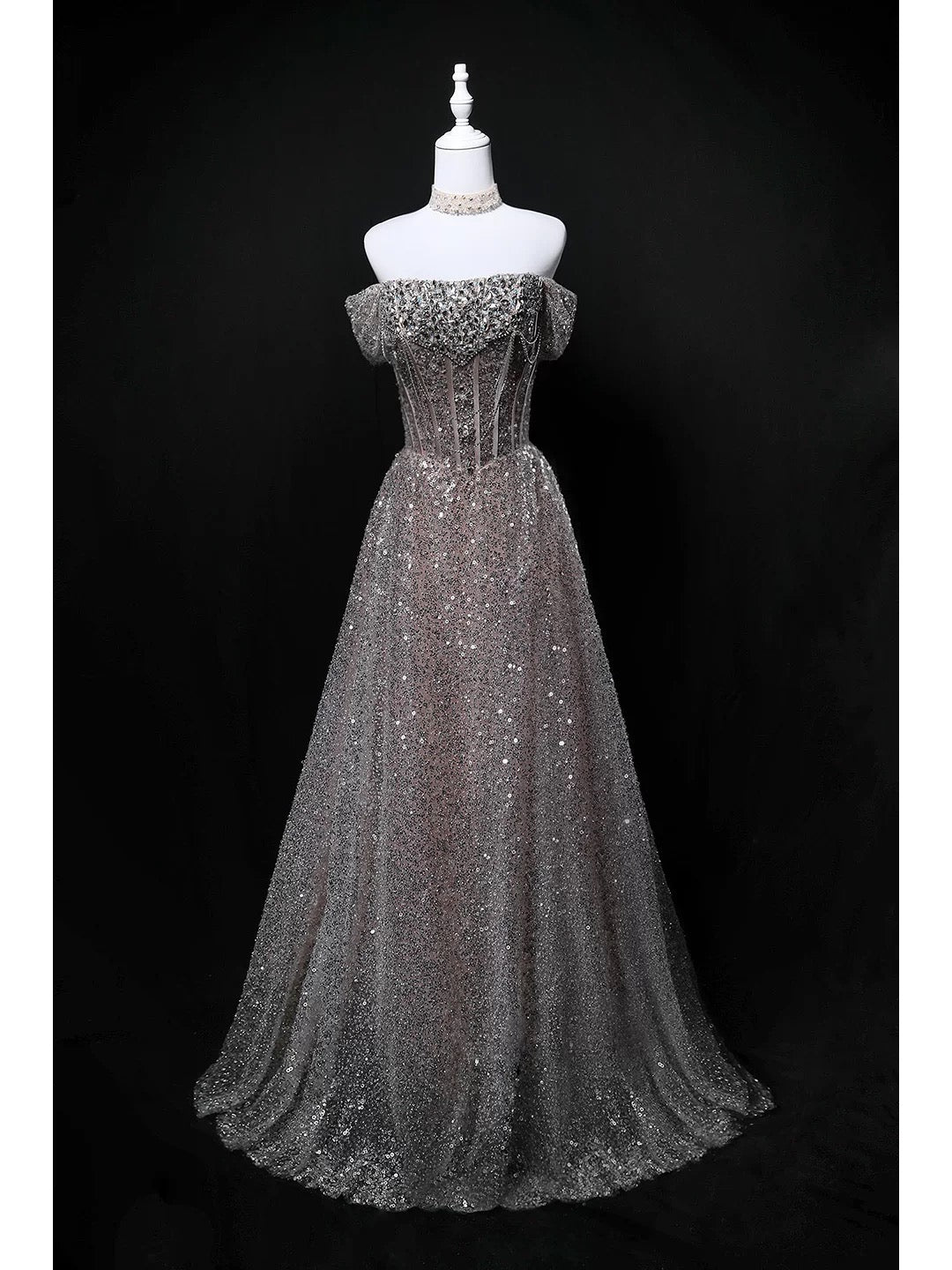 Glitzerndes Ballkleid schulterfrei Pailletten Geburtstag mit Perlen elegant Outfit festlich Abschlussballkleider N4156