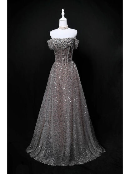 Glitzerndes Ballkleid schulterfrei Pailletten Geburtstag mit Perlen elegant Outfit festlich Abschlussballkleider N4156