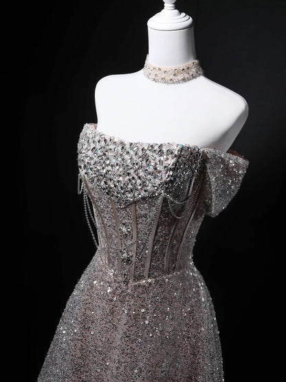 Glitzerndes Ballkleid schulterfrei Pailletten Geburtstag mit Perlen elegant Outfit festlich Abschlussballkleider N4156