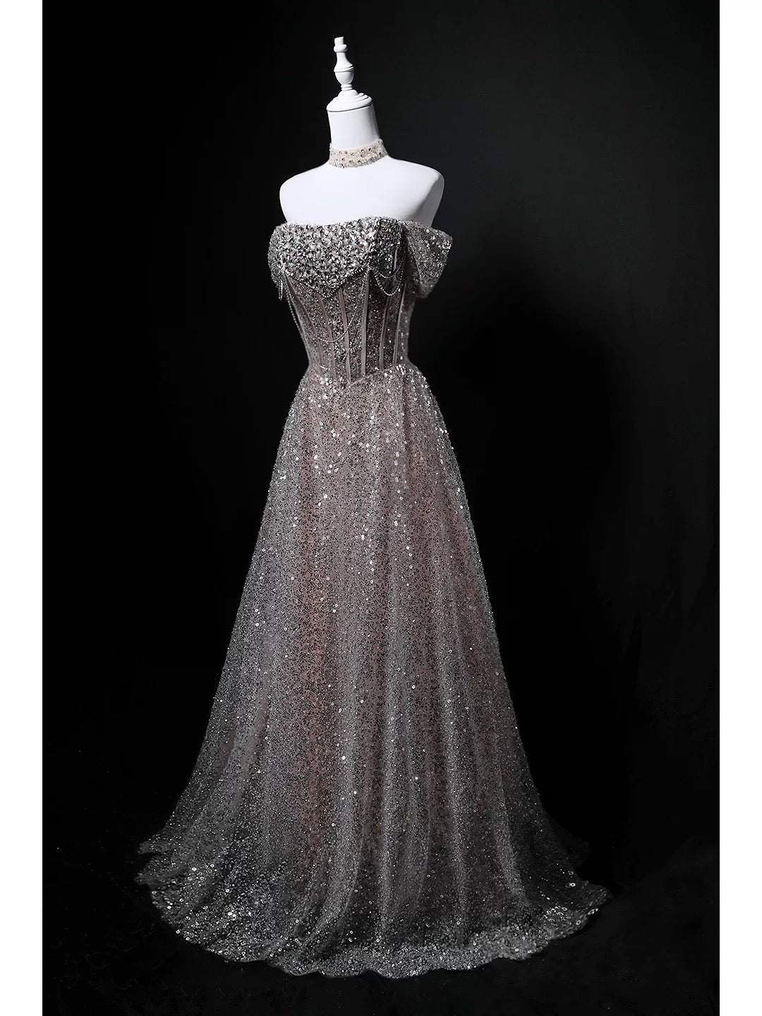 Glitzerndes Ballkleid schulterfrei Pailletten Geburtstag mit Perlen elegant Outfit festlich Abschlussballkleider N4156