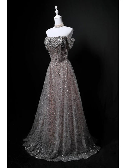 Glitzerndes Ballkleid schulterfrei Pailletten Geburtstag mit Perlen elegant Outfit festlich Abschlussballkleider N4156