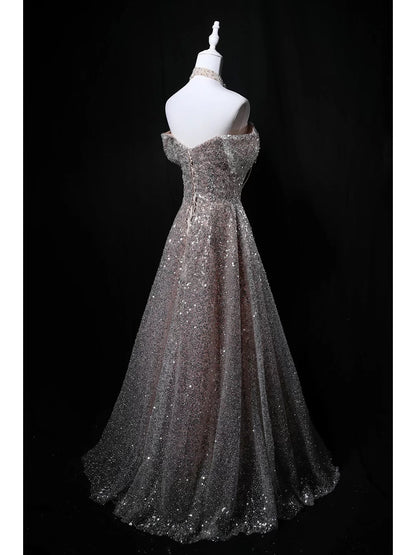 Glitzerndes Ballkleid schulterfrei Pailletten Geburtstag mit Perlen elegant Outfit festlich Abschlussballkleider N4156