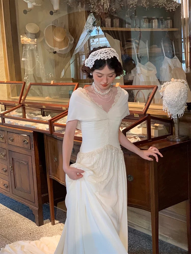 French Style Wedding Dresses A line V Neck White Lace Chiffon Long Summer Garden Wedding Dress N4159