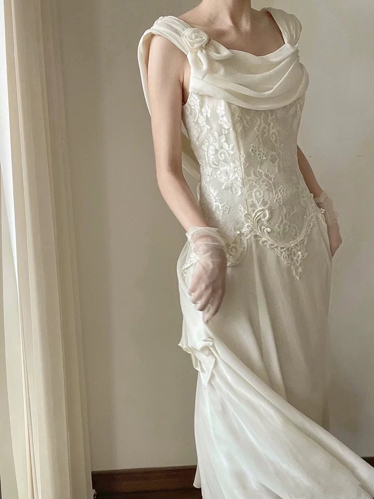 Aesthetic A line Square Neck Chiffon Lace Long Summer Brides Dress White Wedding Dresses RB3708