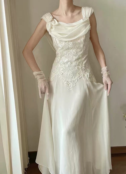 Aesthetic A line Square Neck Chiffon Lace Long Summer Brides Dress White Wedding Dresses RB3708