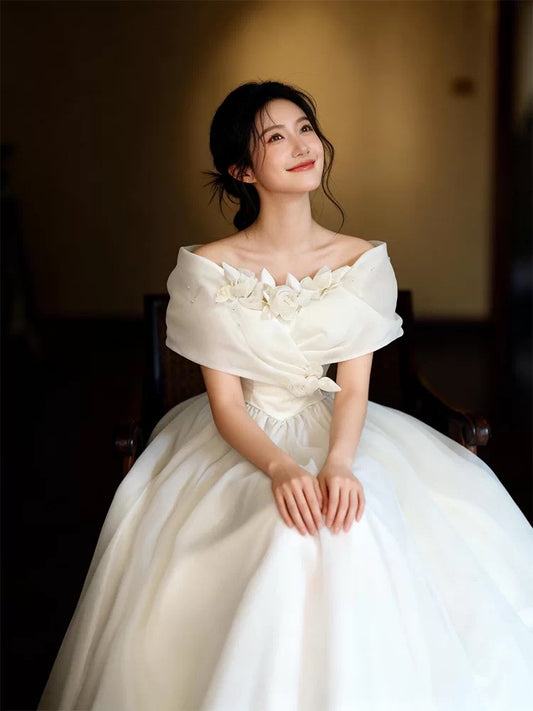 Simple Ball Gowns Off The Shoulder White With Cap Sleeves Tulle Garden Wedding Dresses RB3709