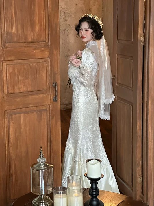 Vintage Mermaid High Neck With Long Sleeves Lace Summer Brides Dress White Wedding Dresses RB3710