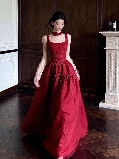Prinzessin Abschlussballkleider Ballkleider Eckiger Ausschnitt Ärmellos Burgund Spitze Abendkleid Lang Festliches Kleid RB3712